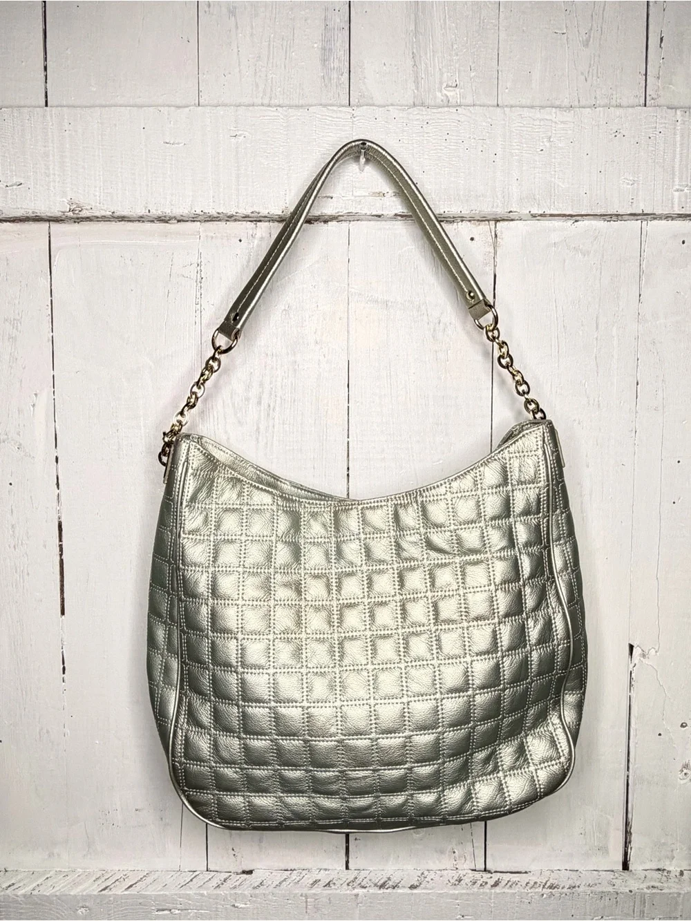 Antonio Melani Metallic Sage Green Quilted Hobo Shoulder Bag